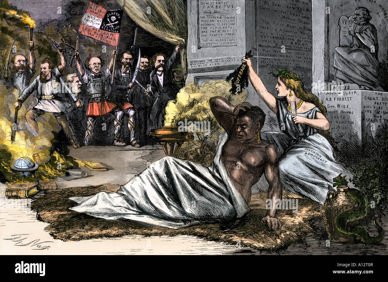 Cartone animato che mostra un Southern Dalila il taglio di diritti di voto da un nero Sampson 1868. Colorate a mano la xilografia di Thomas Nast cartoon Foto Stock