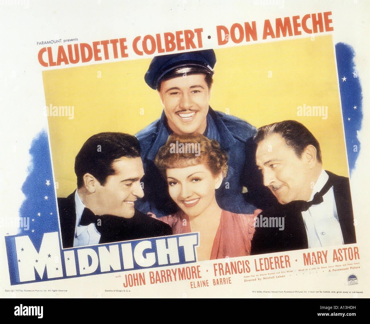 La mezzanotte Anno 1939 Direttore Mitchell Leisen Claudette Colbert Don Ameche Francis Lederer John Barrymore hobby card Foto Stock