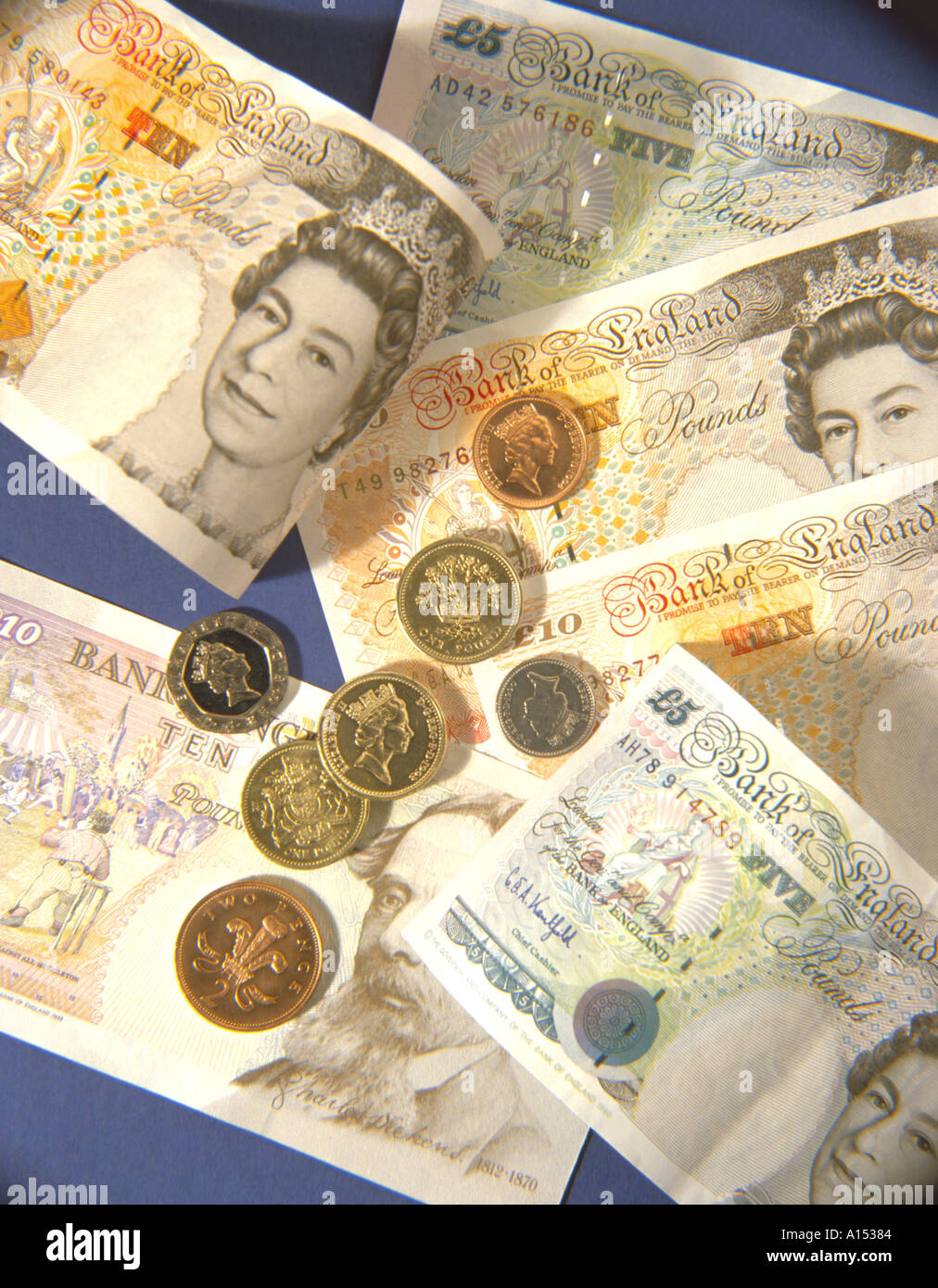 Display del British banconote e monete Foto Stock
