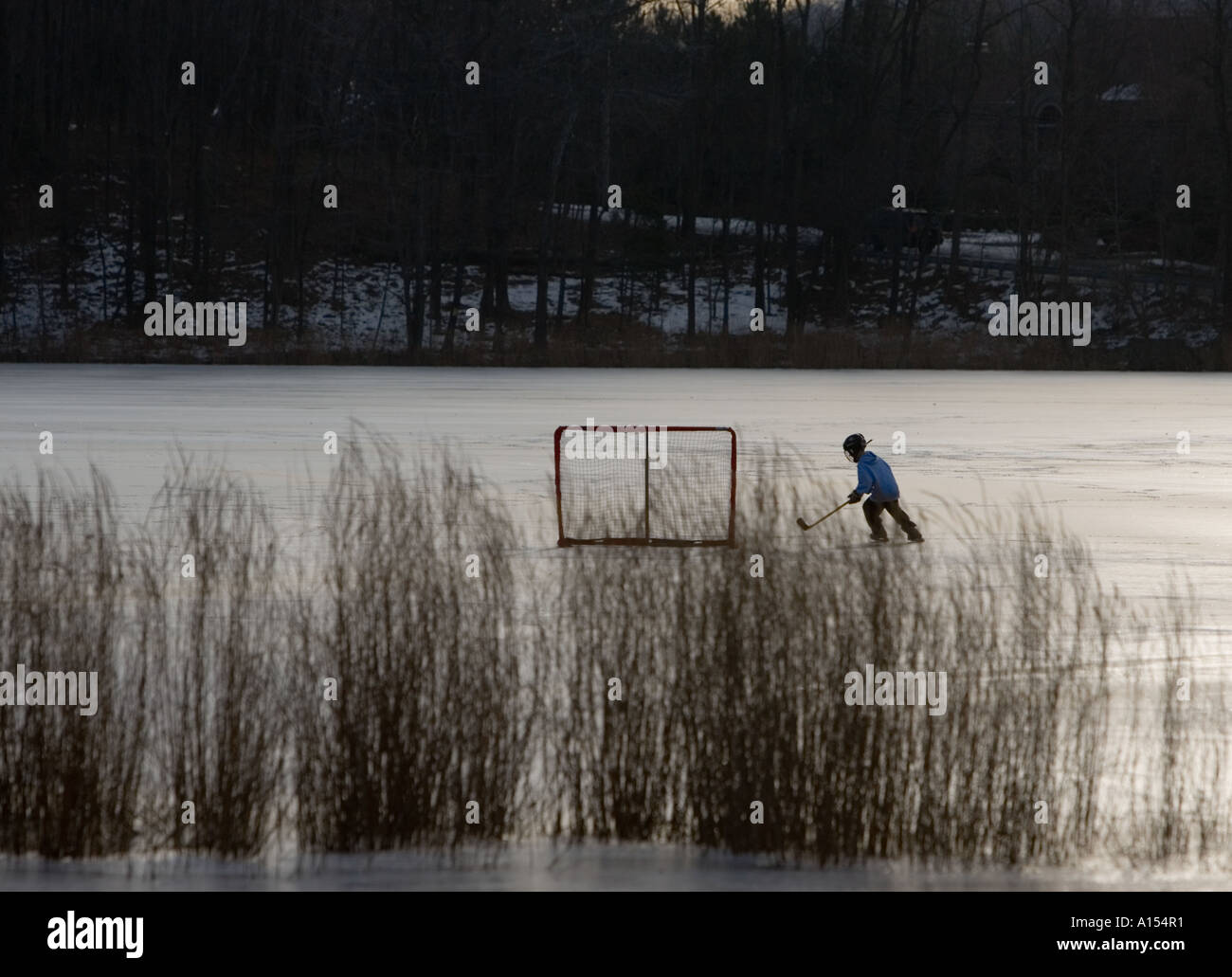 Riproduzione di hockey su ghiaccio su un lago ghiacciato Foto Stock