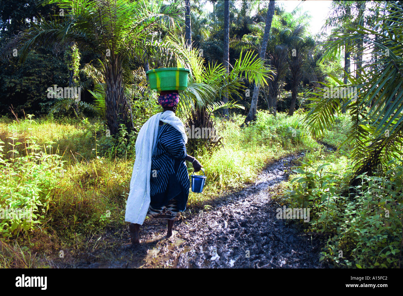Una donna dal villaggio di Dembel Jumpora nel paese africano e Dell'ovest della Guinea Bissau raccoglie l'acqua. Le donne in questo Foto Stock