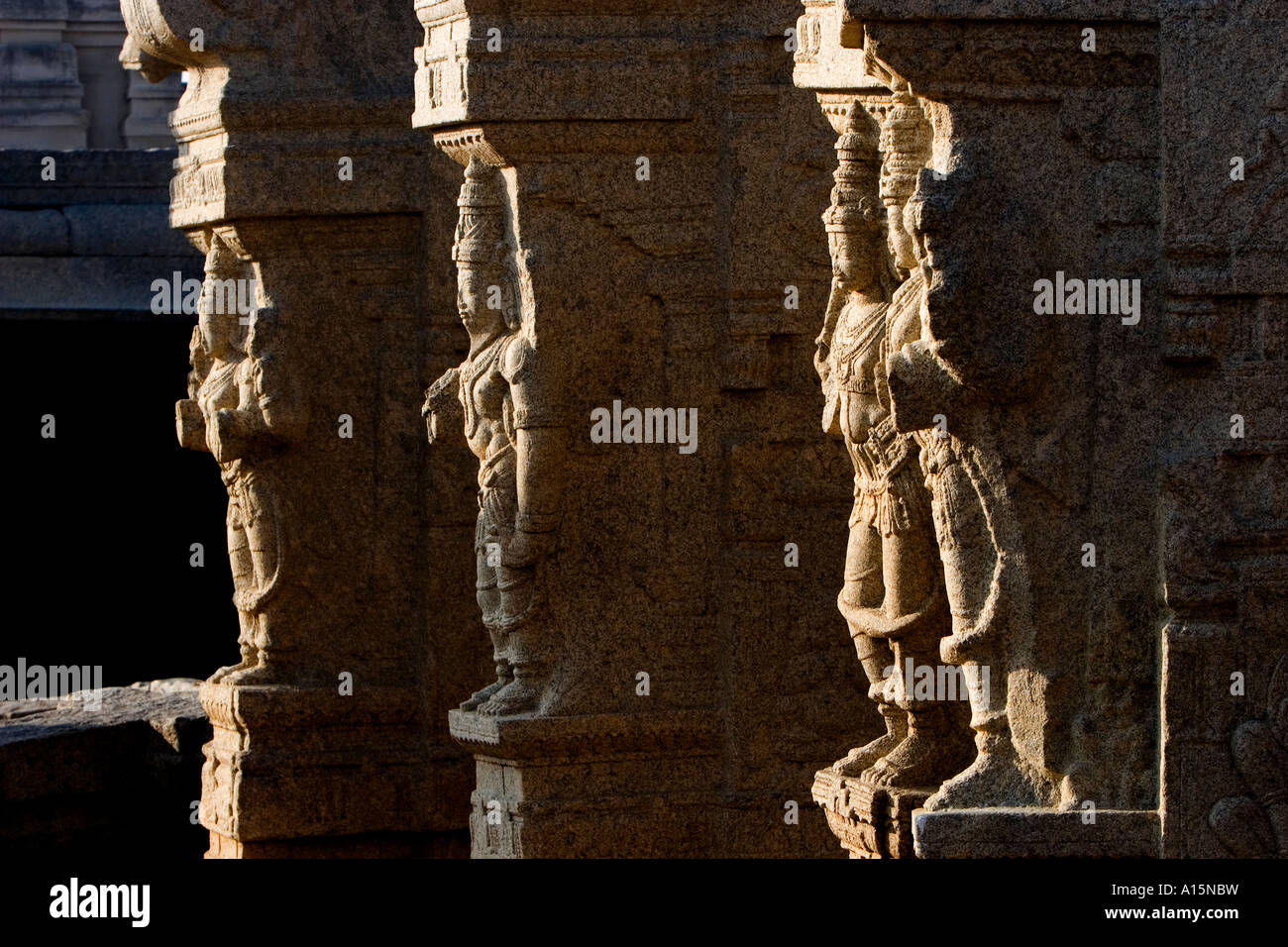 Dea indù divinità intagliato in pilastri in pietra a un tempio Veerabhadra in Lepakshi, Andhra Pradesh, India Foto Stock