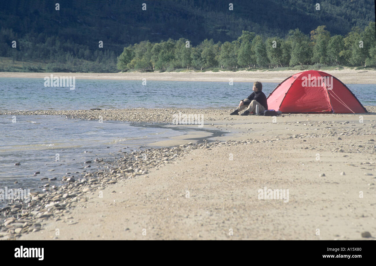 Tenda permanente sulla spiaggia in Norvegia Foto Stock