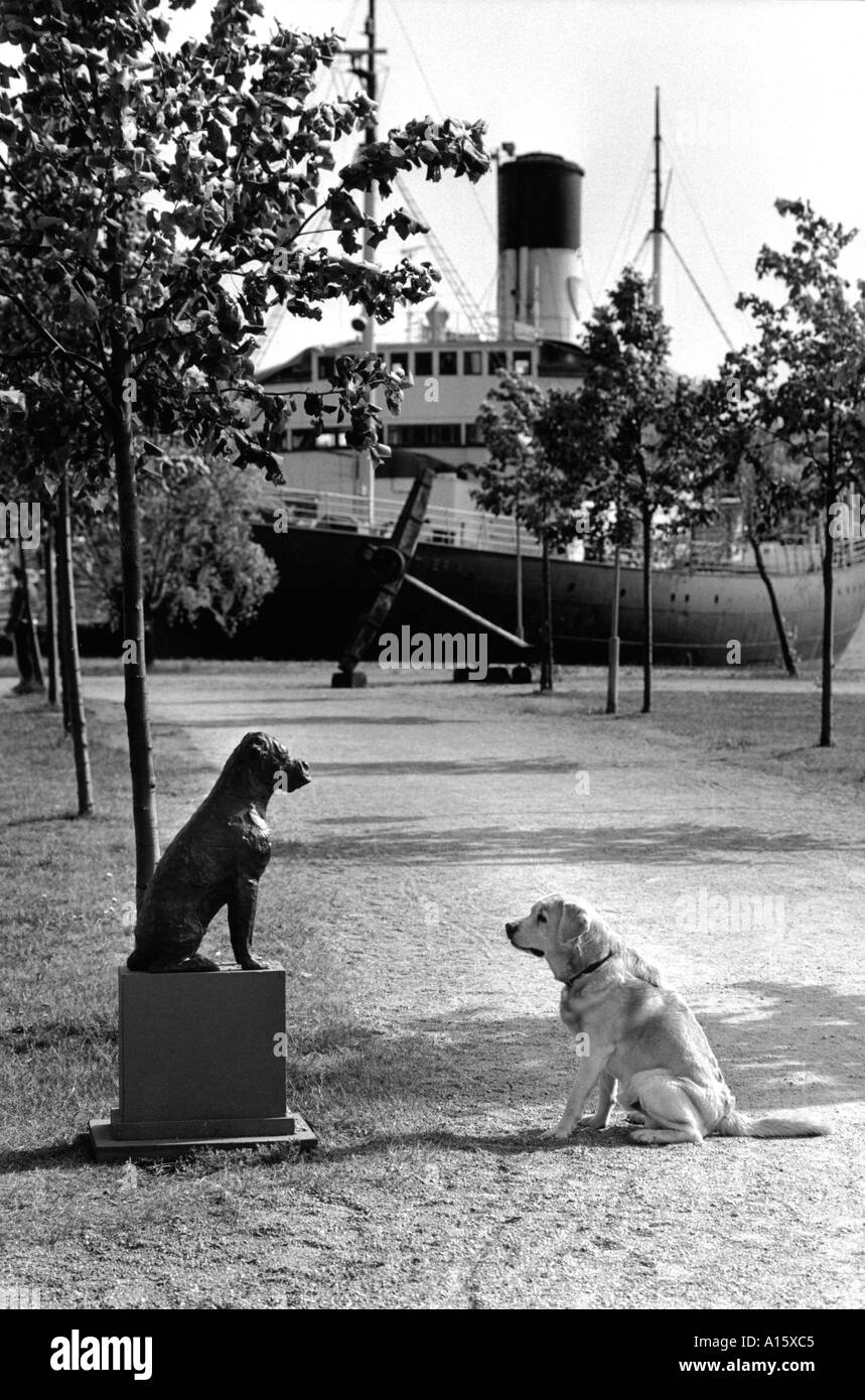 Un Golden Retriever incontra una piccola statua di un cane in Stoccolma Svezia park Foto Stock