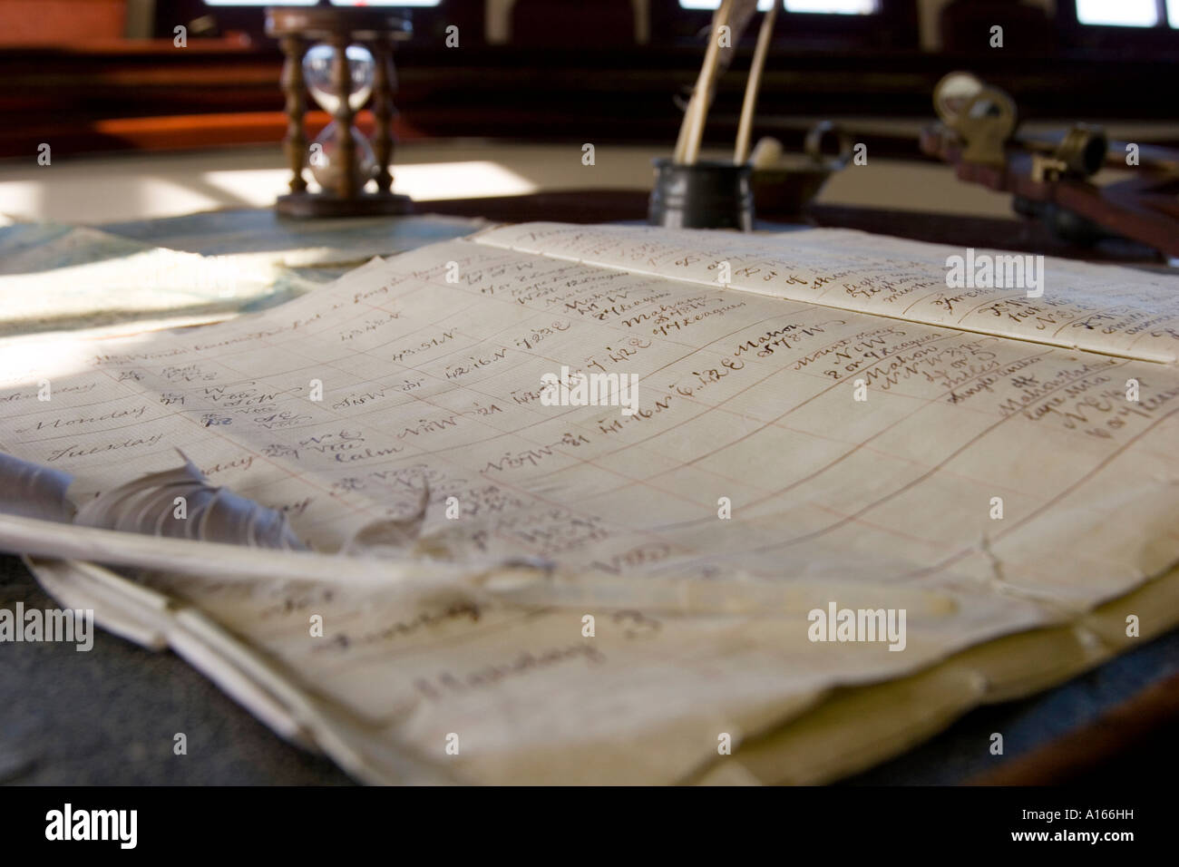 Captain's Log book a bordo di un edificio del xviii secolo manowar replica Grand Turk Foto Stock