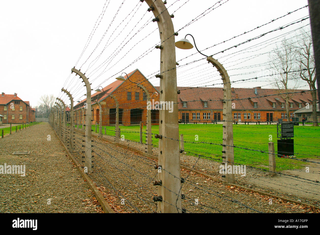 Il filo spinato al campo di concentramento di Auschwitz, Oswiecim, Polonia. Foto Stock