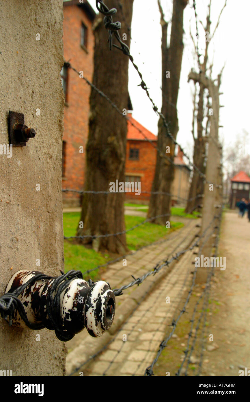 Il recinto elettrico al campo di concentramento di Auschwitz, Oswiecim, Polonia. Foto Stock