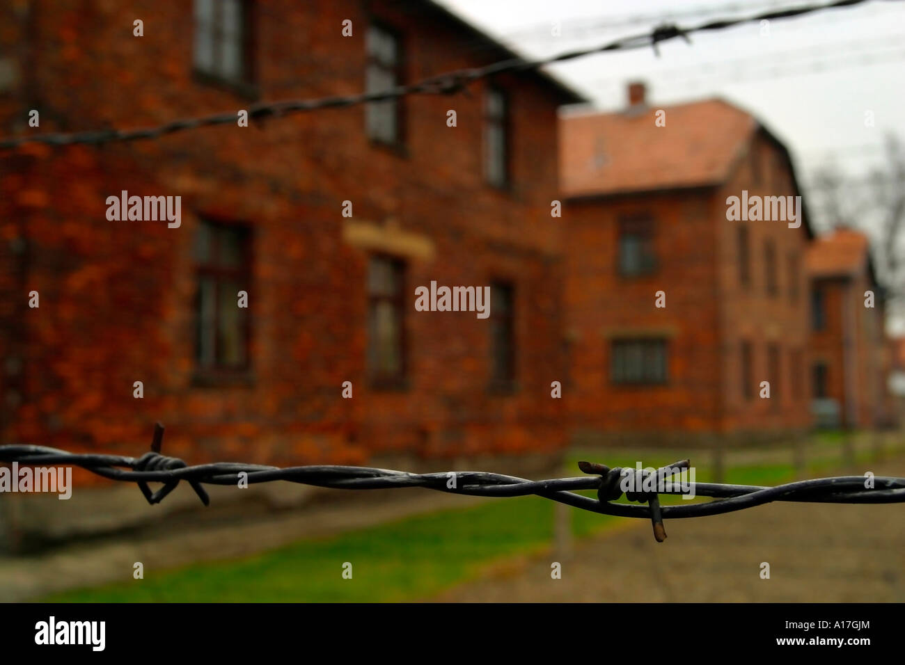 Il recinto elettrico al campo di concentramento di Auschwitz, Oswiecim, Polonia. Foto Stock
