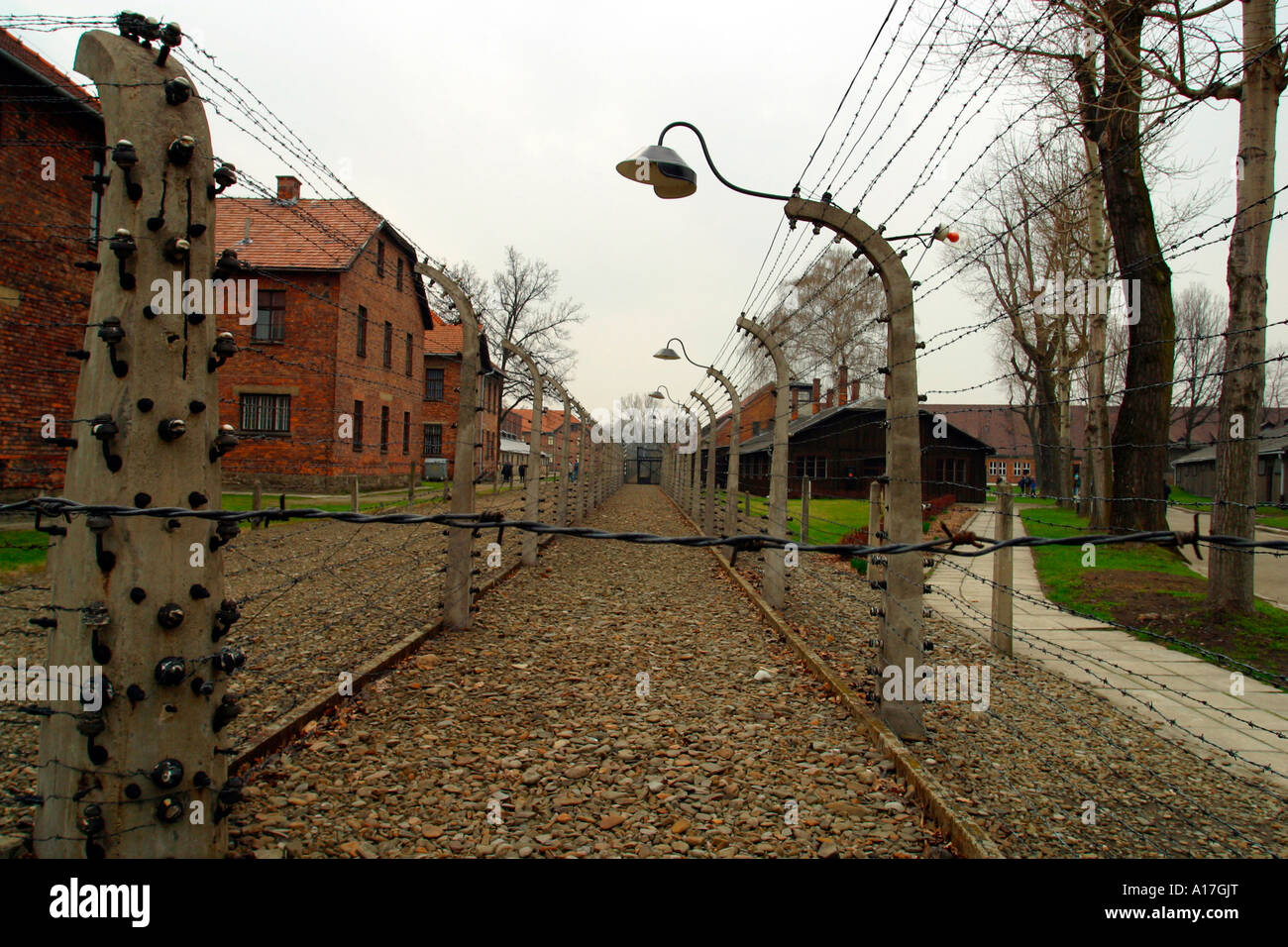 Il recinto elettrico al campo di concentramento di Auschwitz, Oswiecim, Polonia. Foto Stock