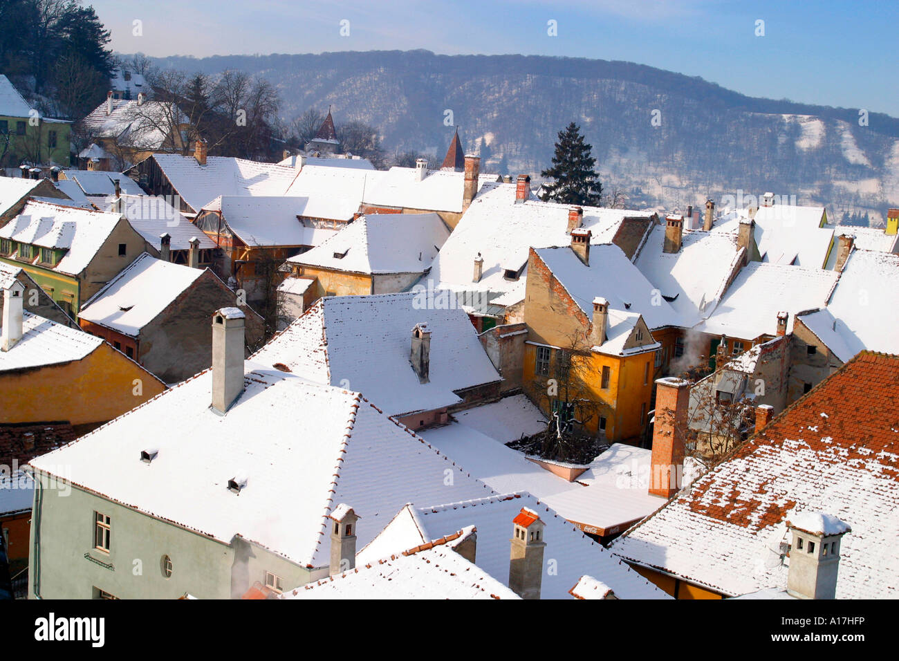 Una veduta aerea di Singisoara, Romania. Foto Stock