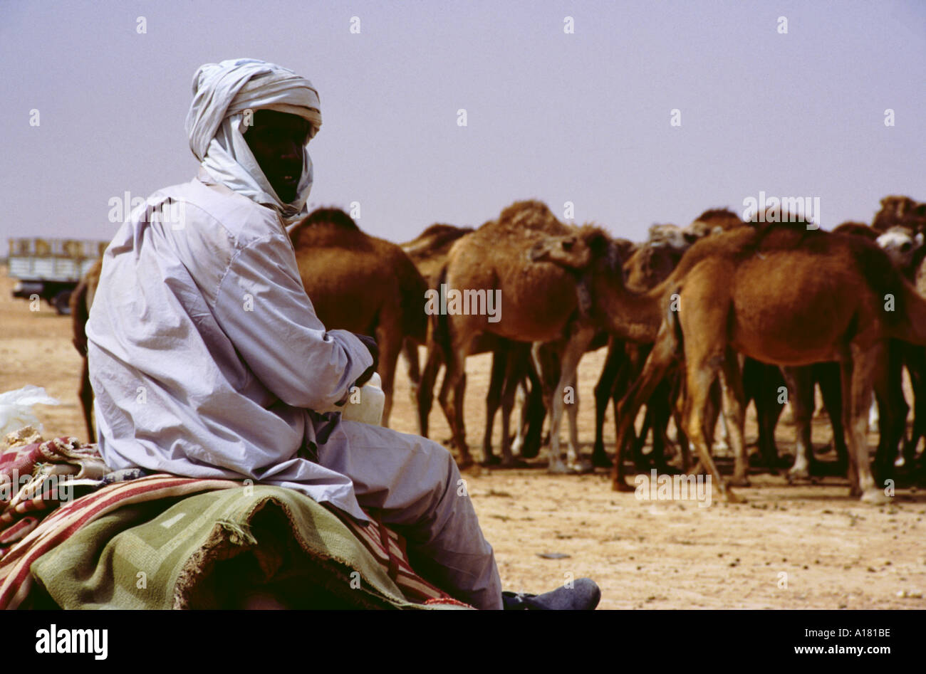 Libia deserto cammello beduin cammelli Sahara waterspring vestito bianco uomo nativo vicino ghat turbante Foto Stock