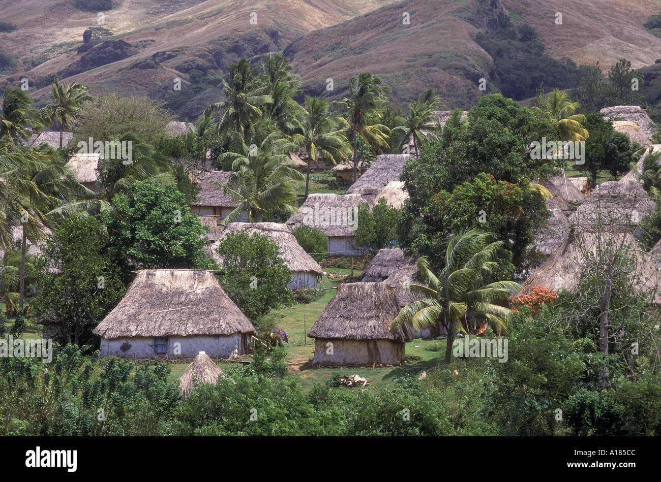 Bures tradizionali su griglia regolare ultimo modello vecchio villaggio di stile di vita Navala Levu isola Fiji un C Waltham Foto Stock