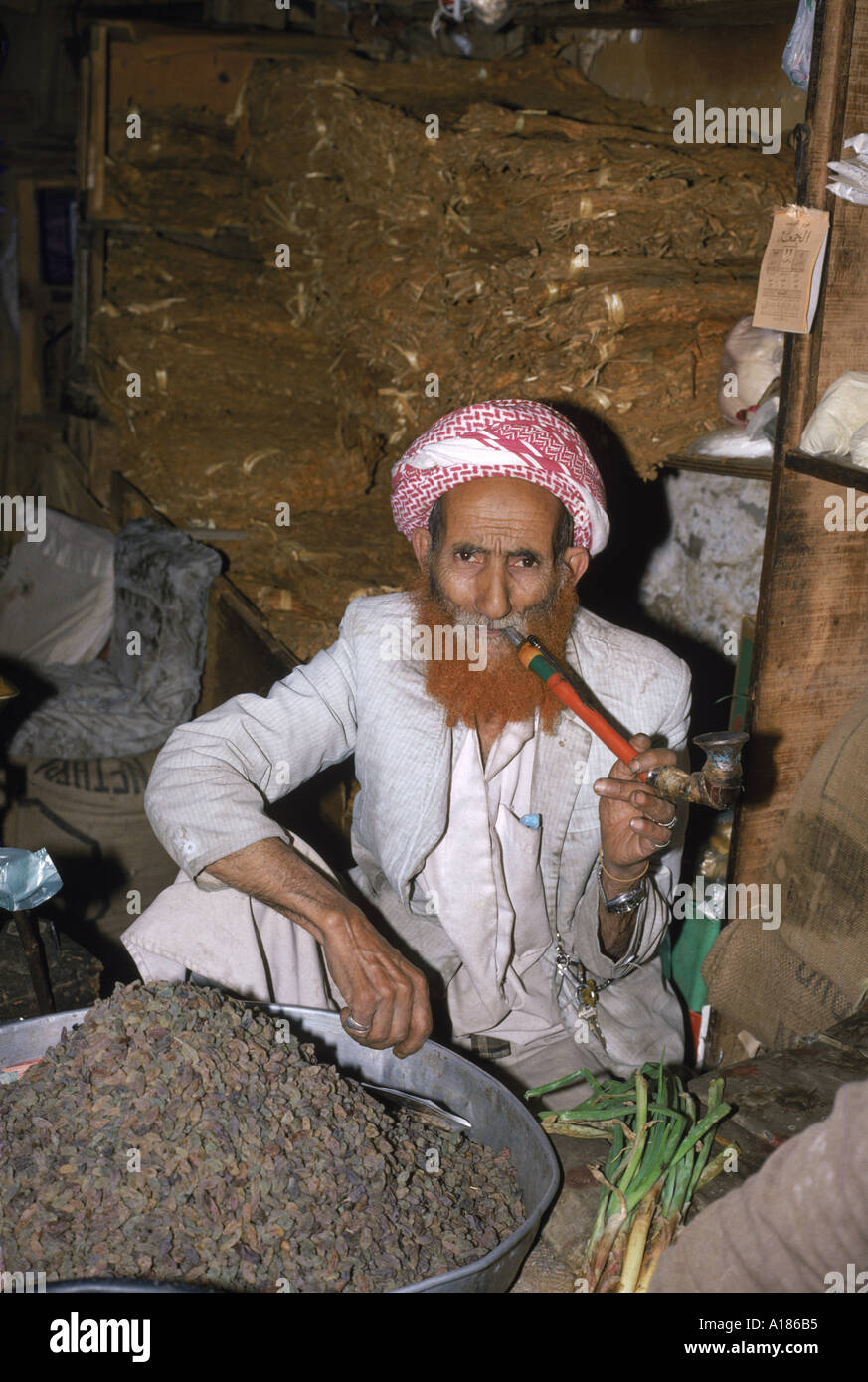 Ritratto di un anziano negoziante di henna barba tinto di fumare una tubazione Djibla Yemen Medio oriente F J Jackson Foto Stock