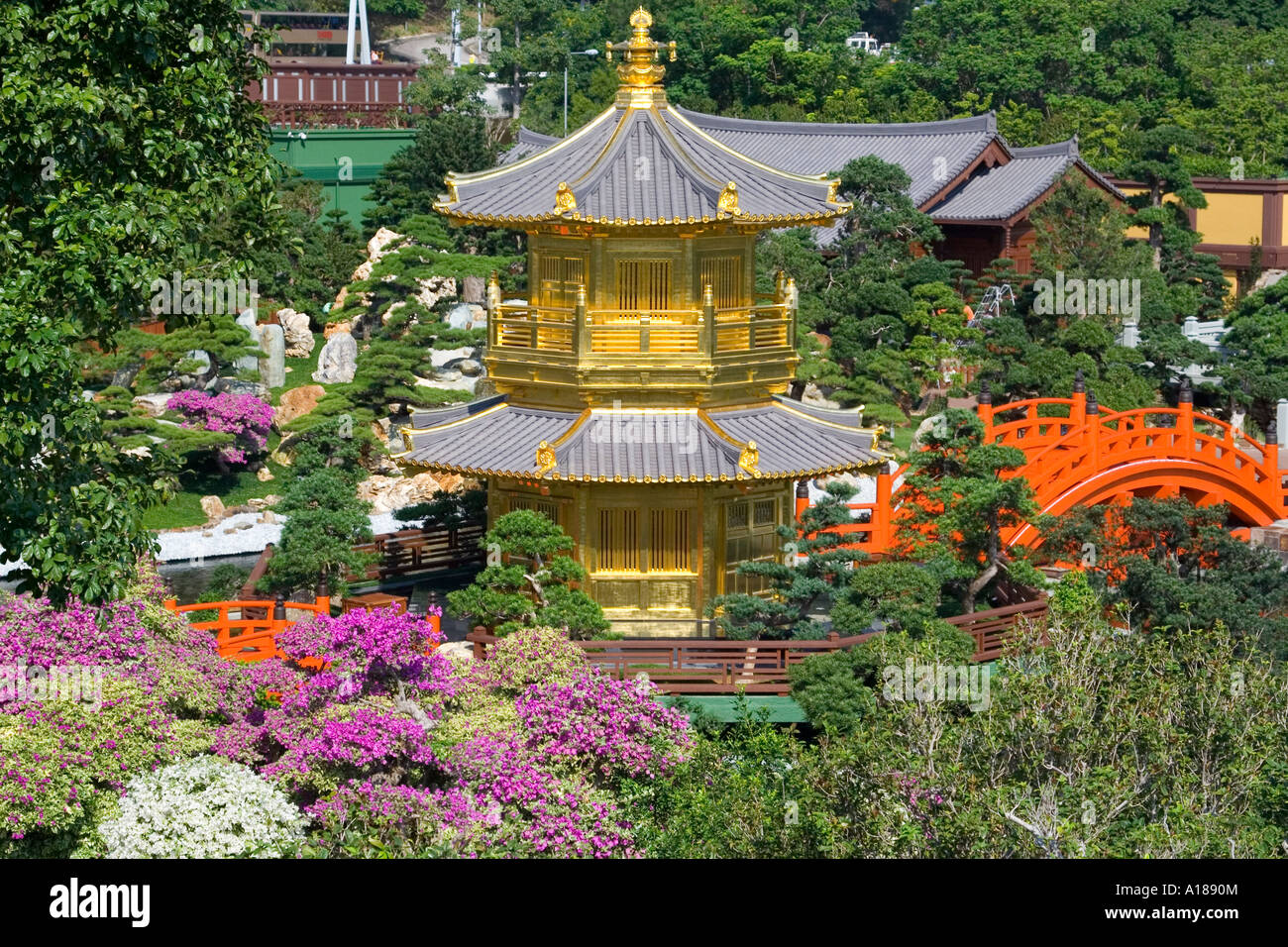 La pagoda dorata in Giardino Nan Lian, Chi Lin Monastero, Hong Kong SAR, Cina Foto Stock