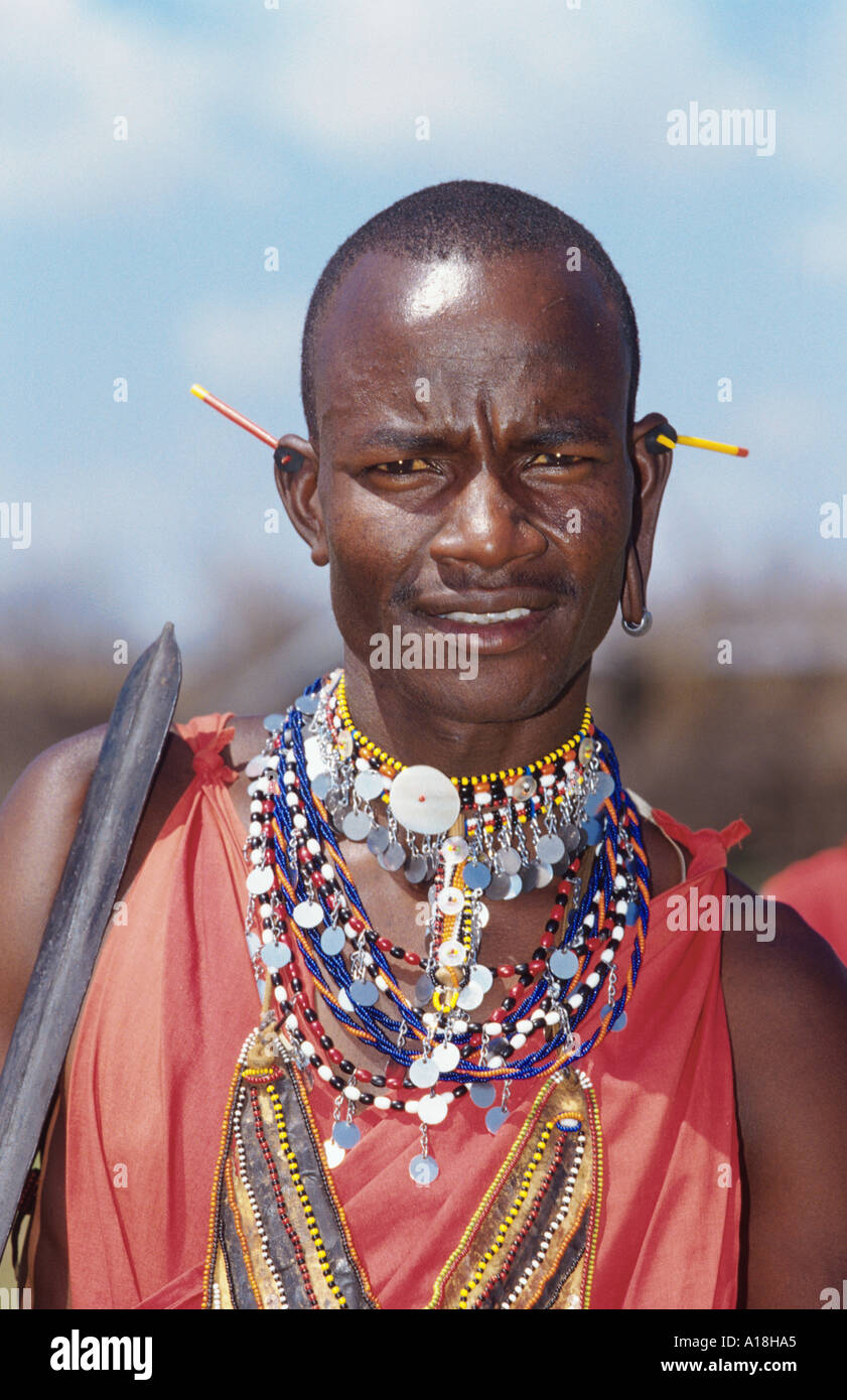 Massai, ritratto di un uomo, Kenia Masai Mara NP. Foto Stock