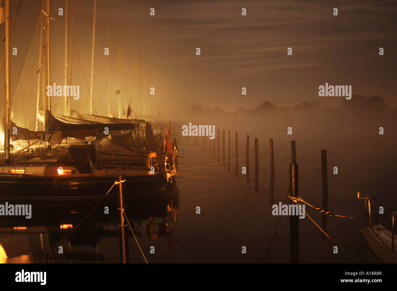 Notte di Nebbia con yacht ormeggiato sul fiume Ryck a Greifswald in Germania Foto Stock