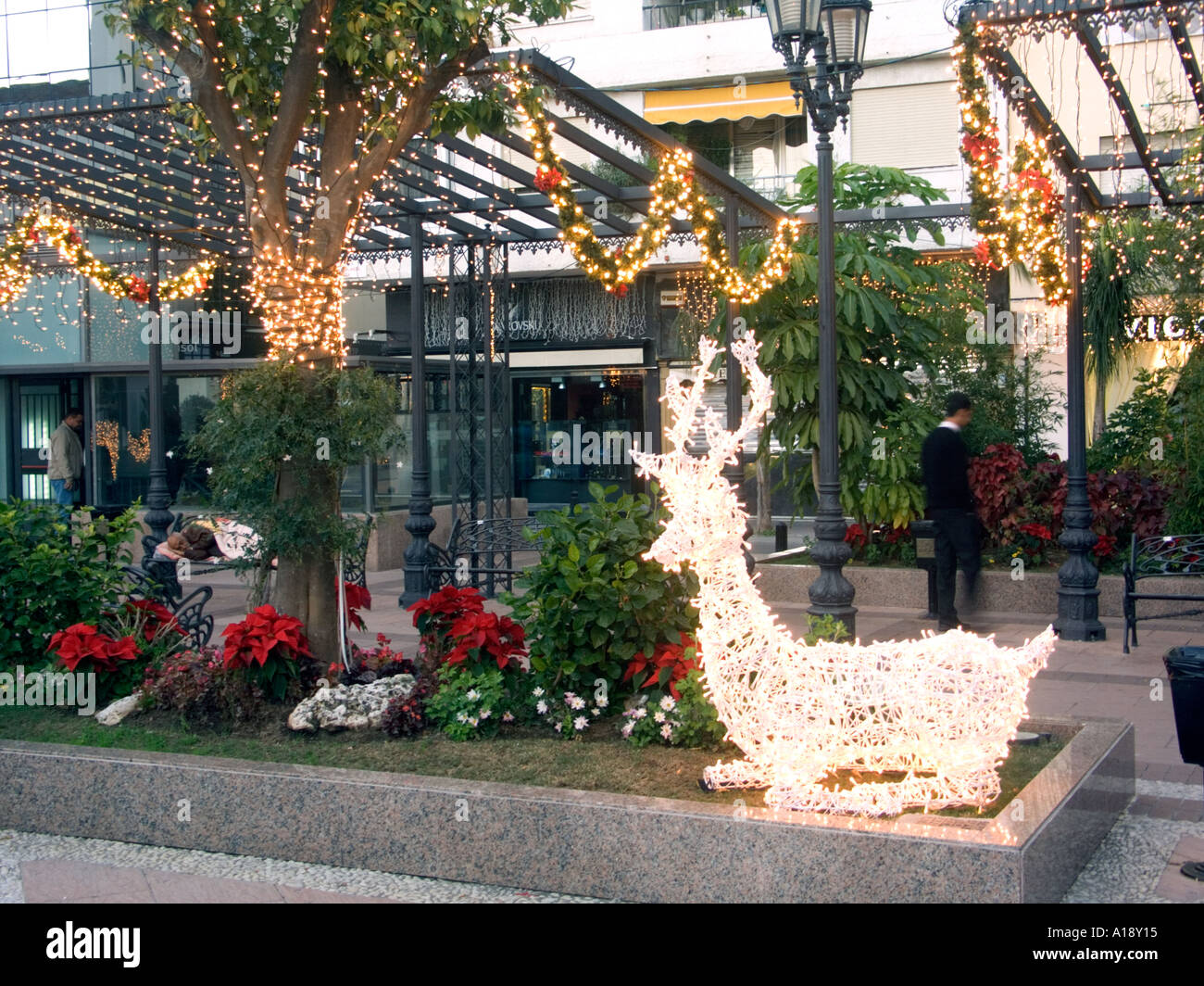 Luci e decorazioni natalizie, Plaza de la Constitucion, Fuengirola, Andalusia, Spagna, Europa Foto Stock