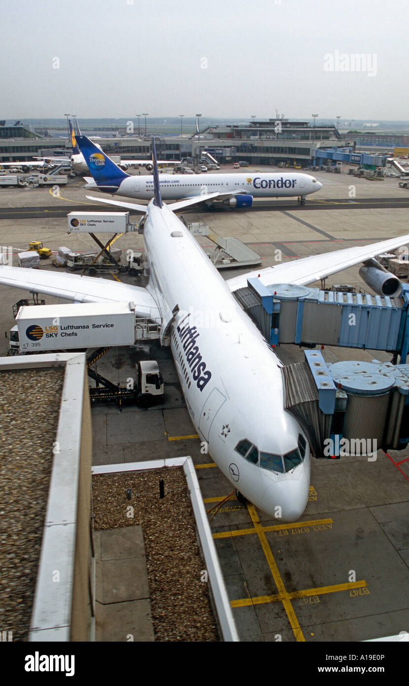 Piano di Lufthansa, l'aeroporto di Francoforte, Germania Foto Stock