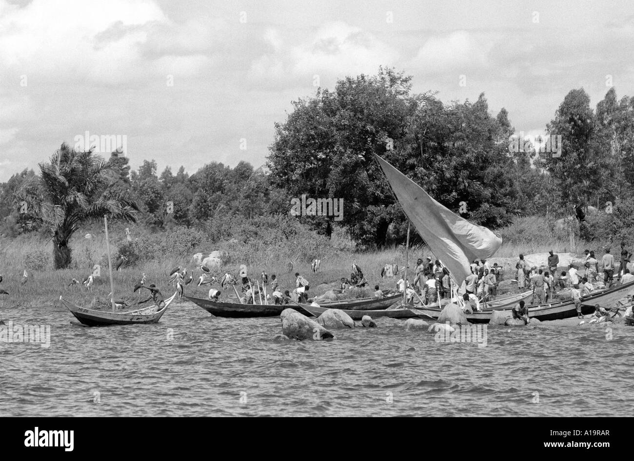 B/N di pescatori e le loro barche con la cattura sulle rive del Lago Victoria. Nyamirembe, Tanzania nord-occidentale Foto Stock