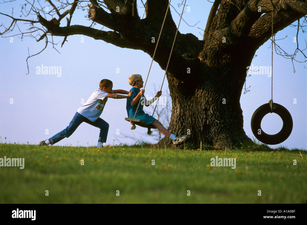 Kids on Tire Swing Foto Stock