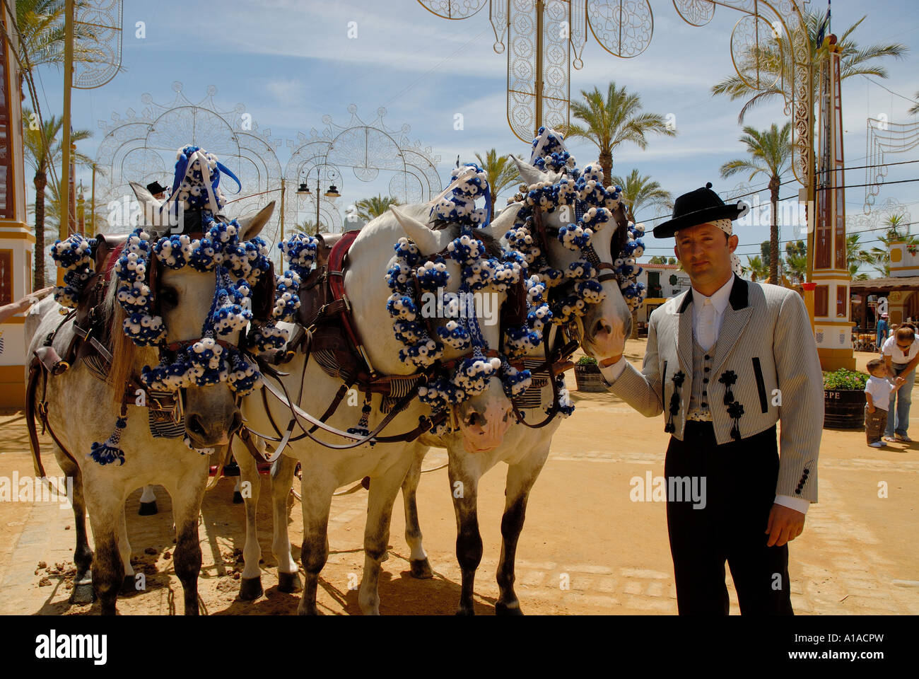 Decorate cavalli , Feria de Caballo , Jerez de la Frontera, Cadice , Andalusia , Spagna , in Europa Foto Stock