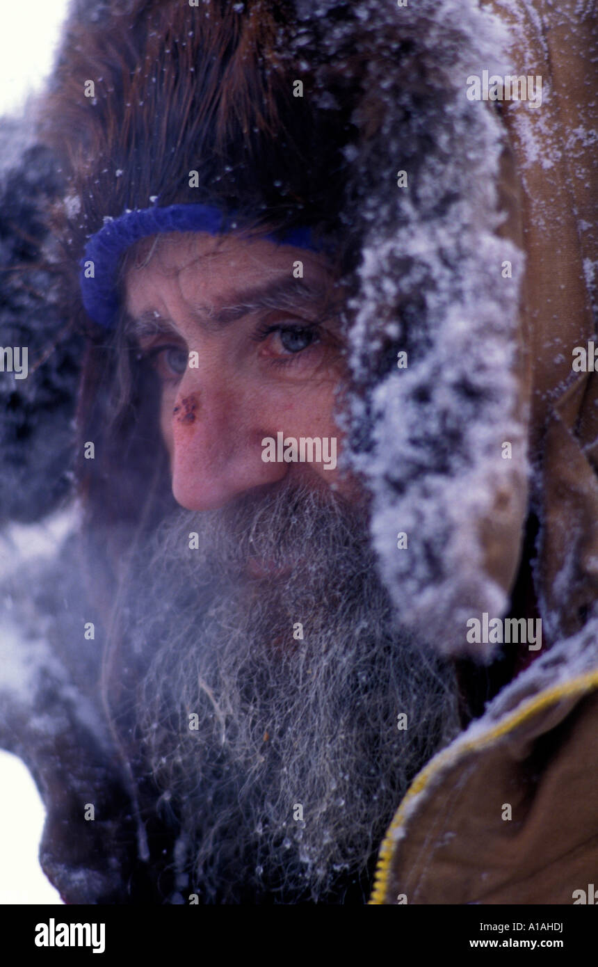 Stati Uniti d'America Alaska Musher Charlie Boulding sorge in blizzard a Steese Highway sosta durante la Yukon Quest Sled Dog Race Foto Stock