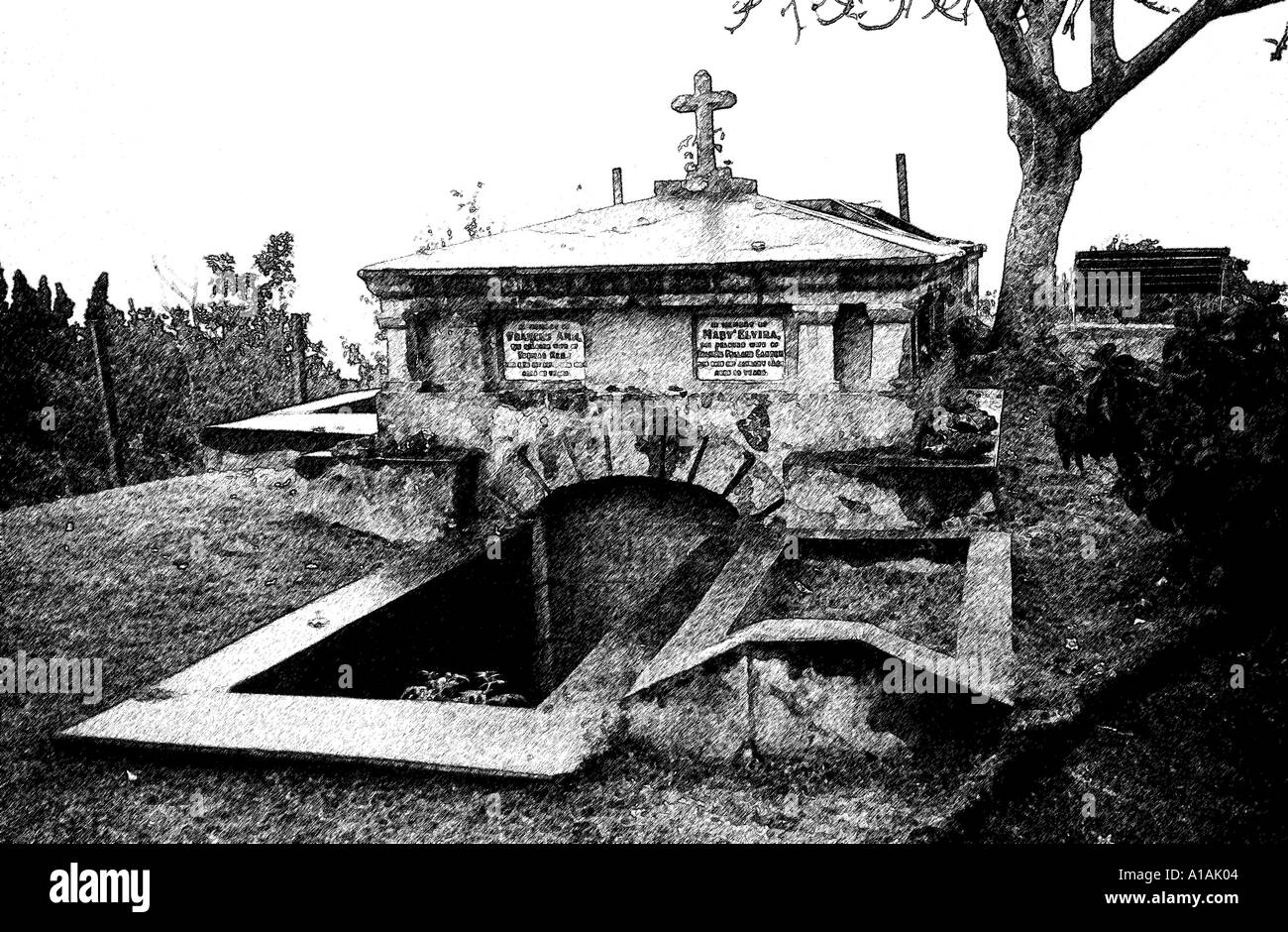 Migliorate digitalmente immagine monocromatica di grave in St Johns Chiesa Barbados Indie occidentali Foto Stock