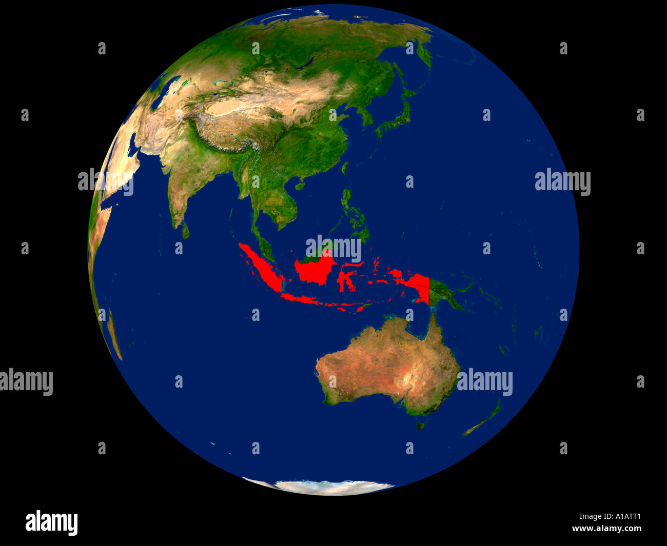 Immagine satellitare della Indonesia evidenziato in rosso Foto Stock