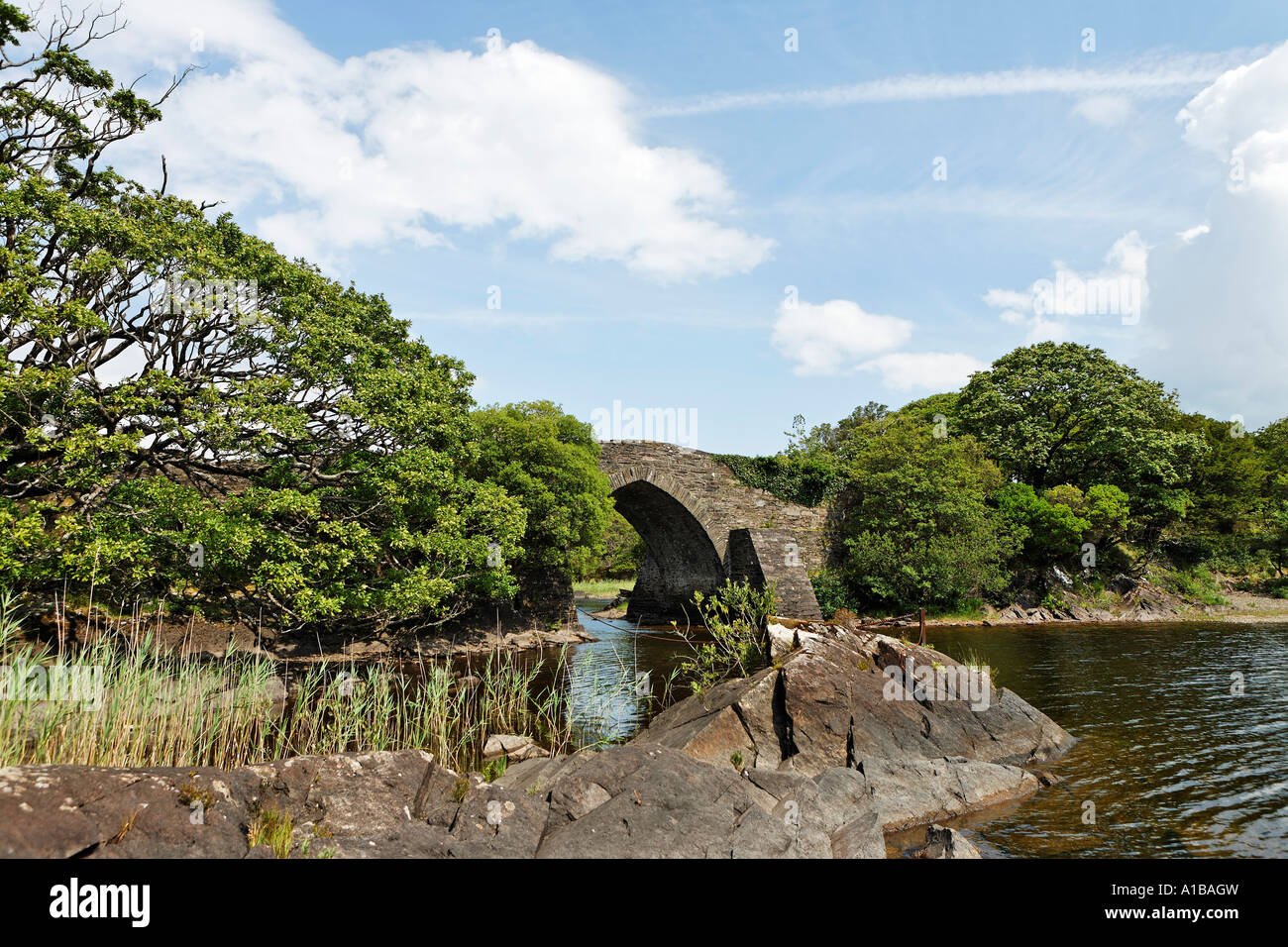 Vecchio stonebridge al muckross lake, il parco nazionale di Killarney, Irlanda Foto Stock