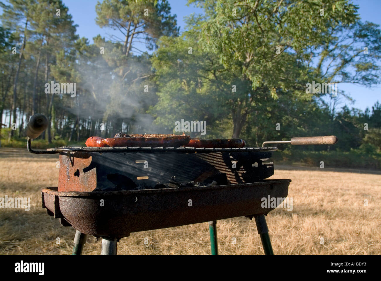 Barbecue in un campeggio in un campo in vacanza Foto Stock