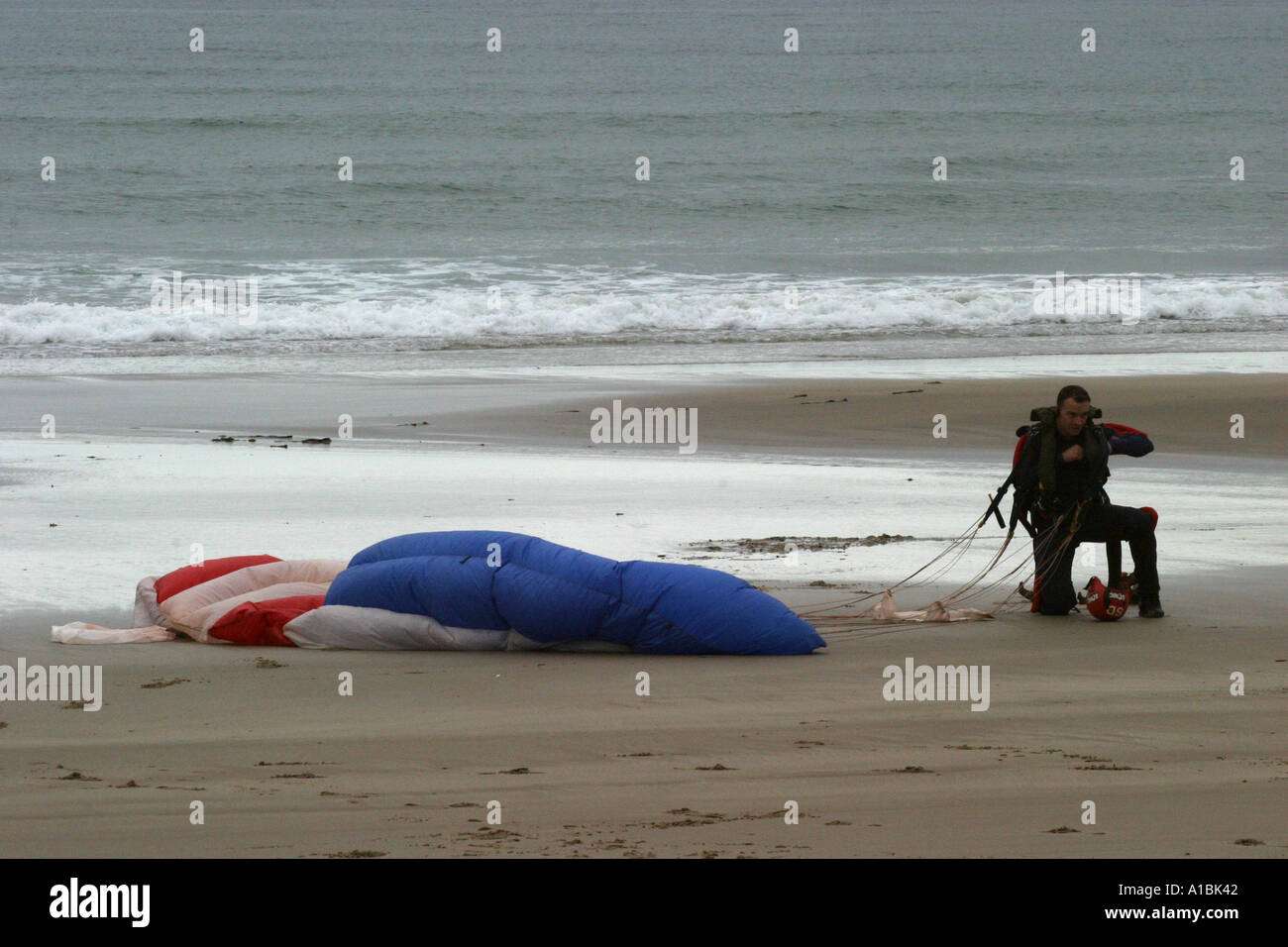 RAF Falchi parachute visualizzare i membri del team si stacca il suo paracadute dopo lo sbarco sul filamento ovest Irlanda del Nord portrush Foto Stock