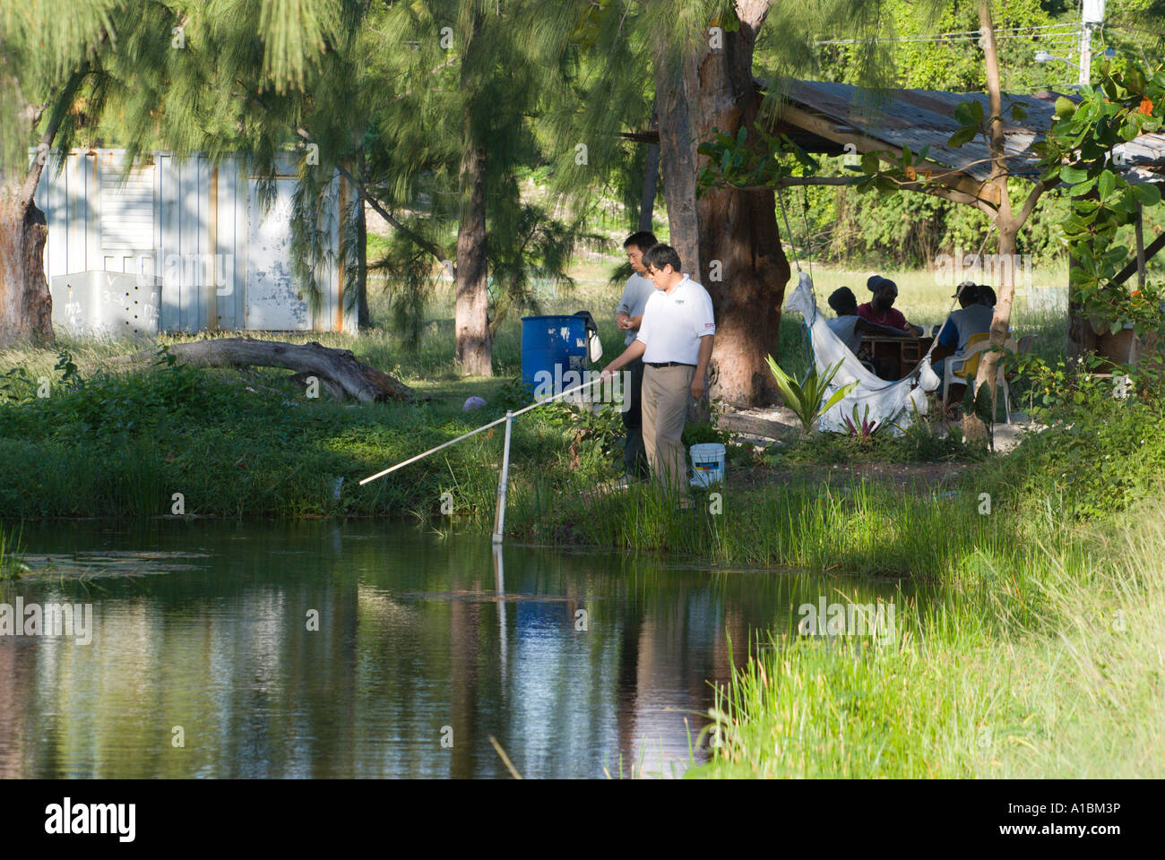 Barbados Graeme Hall swamp vicino a St Lawrence una famiglia cinese la pesca e picnic su una domenica pomeriggio Foto Stock