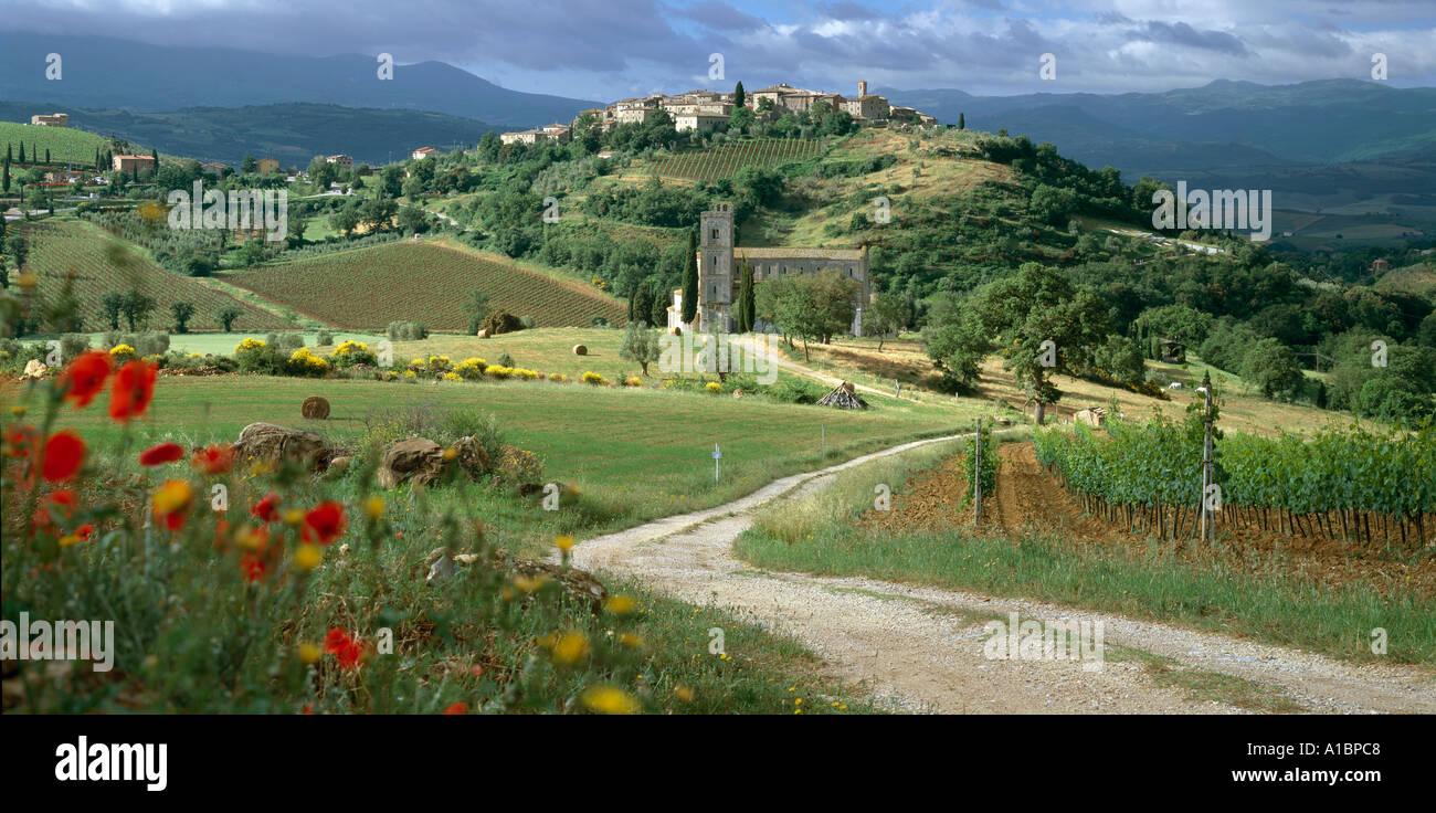 Abbazia di Sant'Antimo, Toscana. Città sulla collina di Castelnuovo dell' Abate in background. Foto Stock