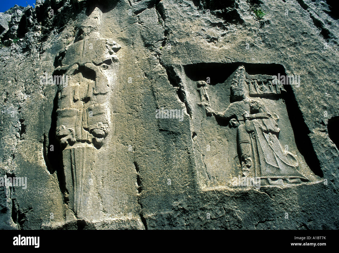 Rilievi di roccia di Hattusas città capitale degli Ittiti Bogazkoy Turchia Foto Stock