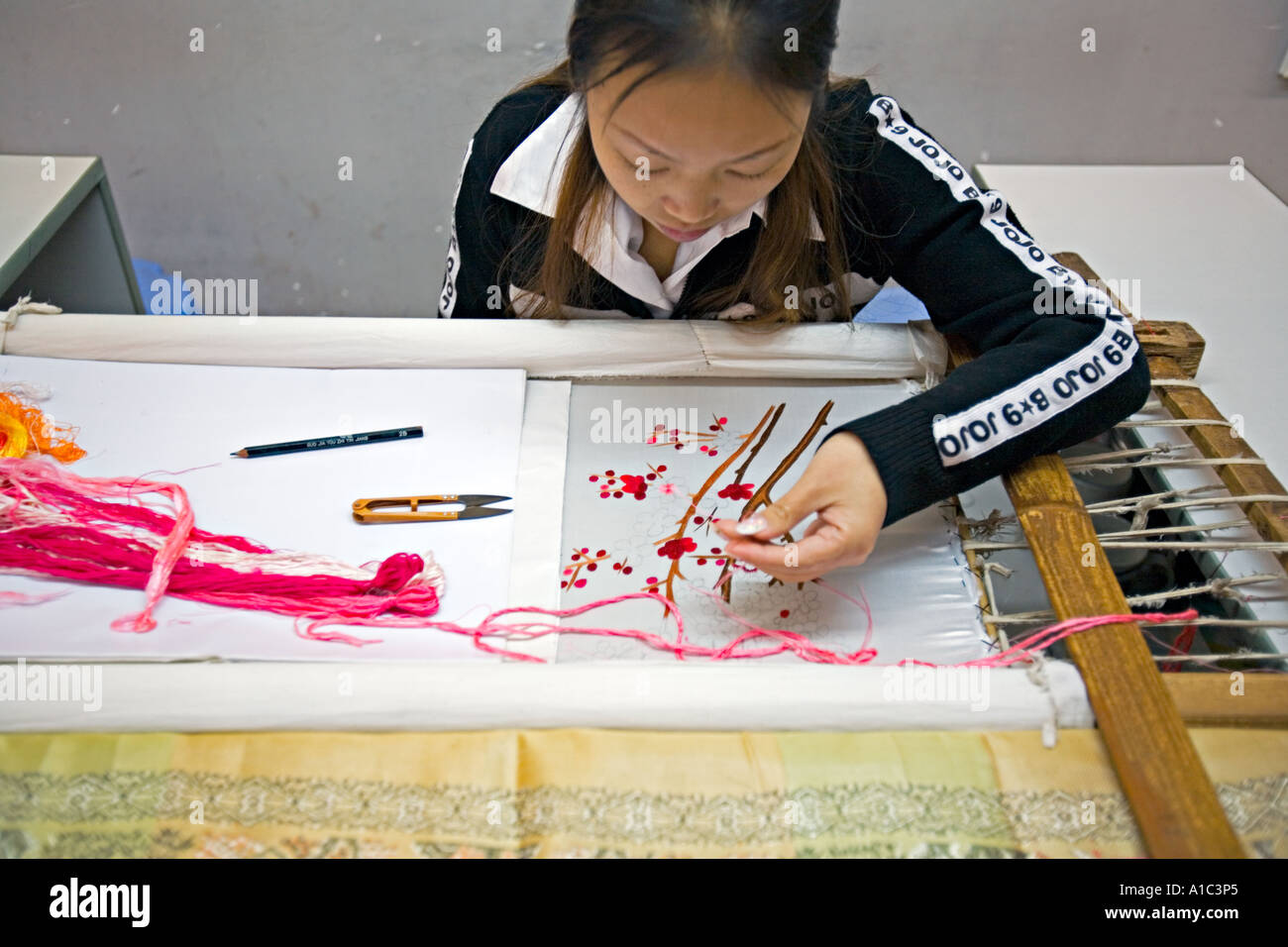 Cina CHONGQUING giovane femmina artigianale cinese facendo ricamo tradizionali con fili luminosi Foto Stock