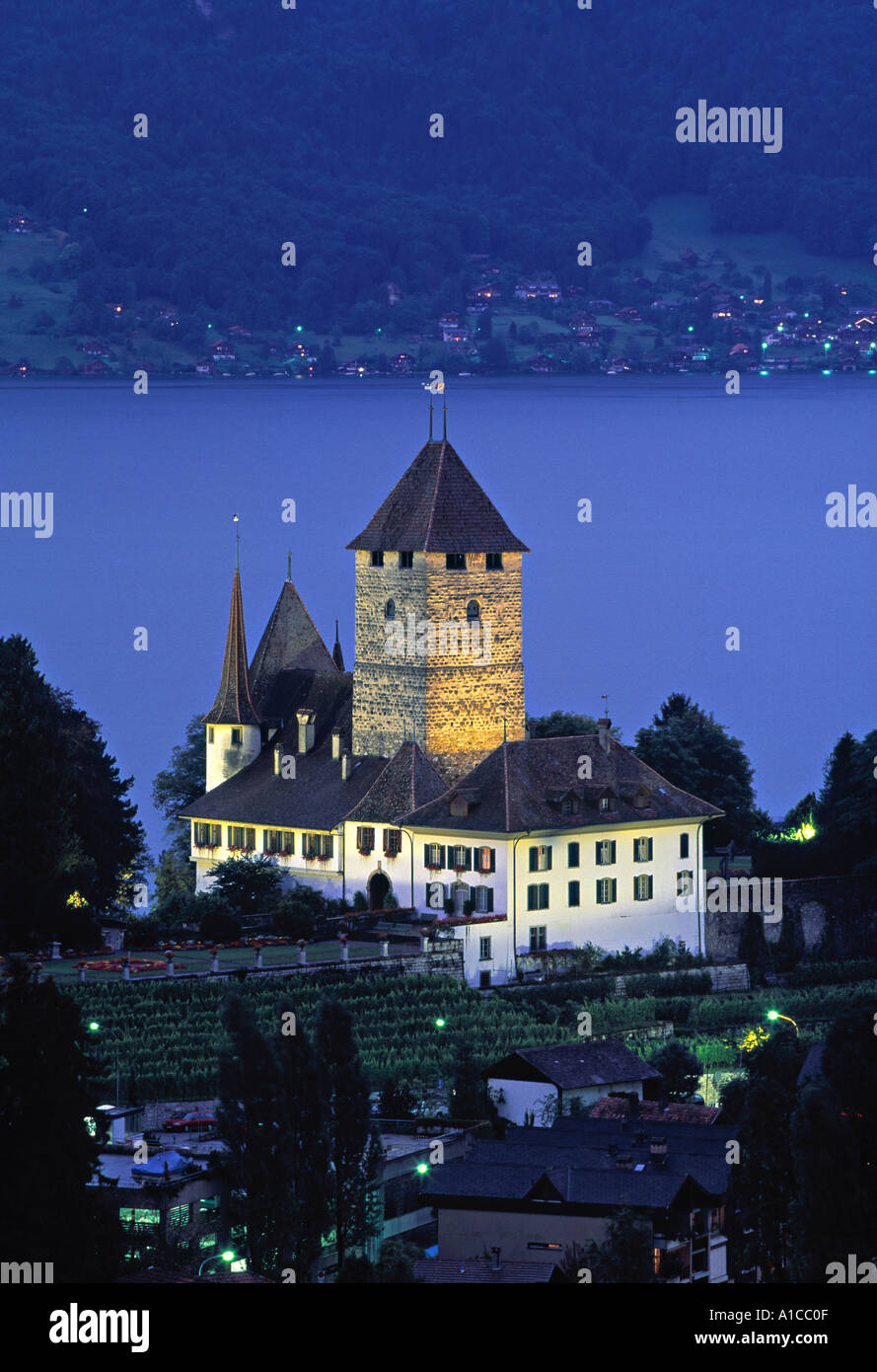 Castello, Spiez, il lago di Thun, Berner Oberland, Svizzera Foto Stock