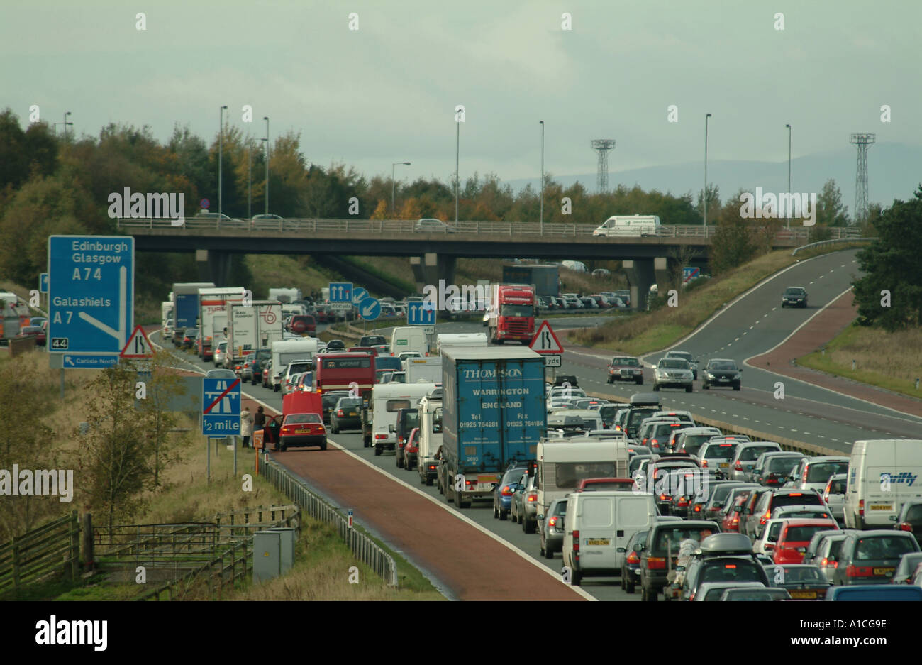 Traffico Autostradale jam Junction 44 M6 A74 Carlisle Cumbria Inghilterra England Foto Stock