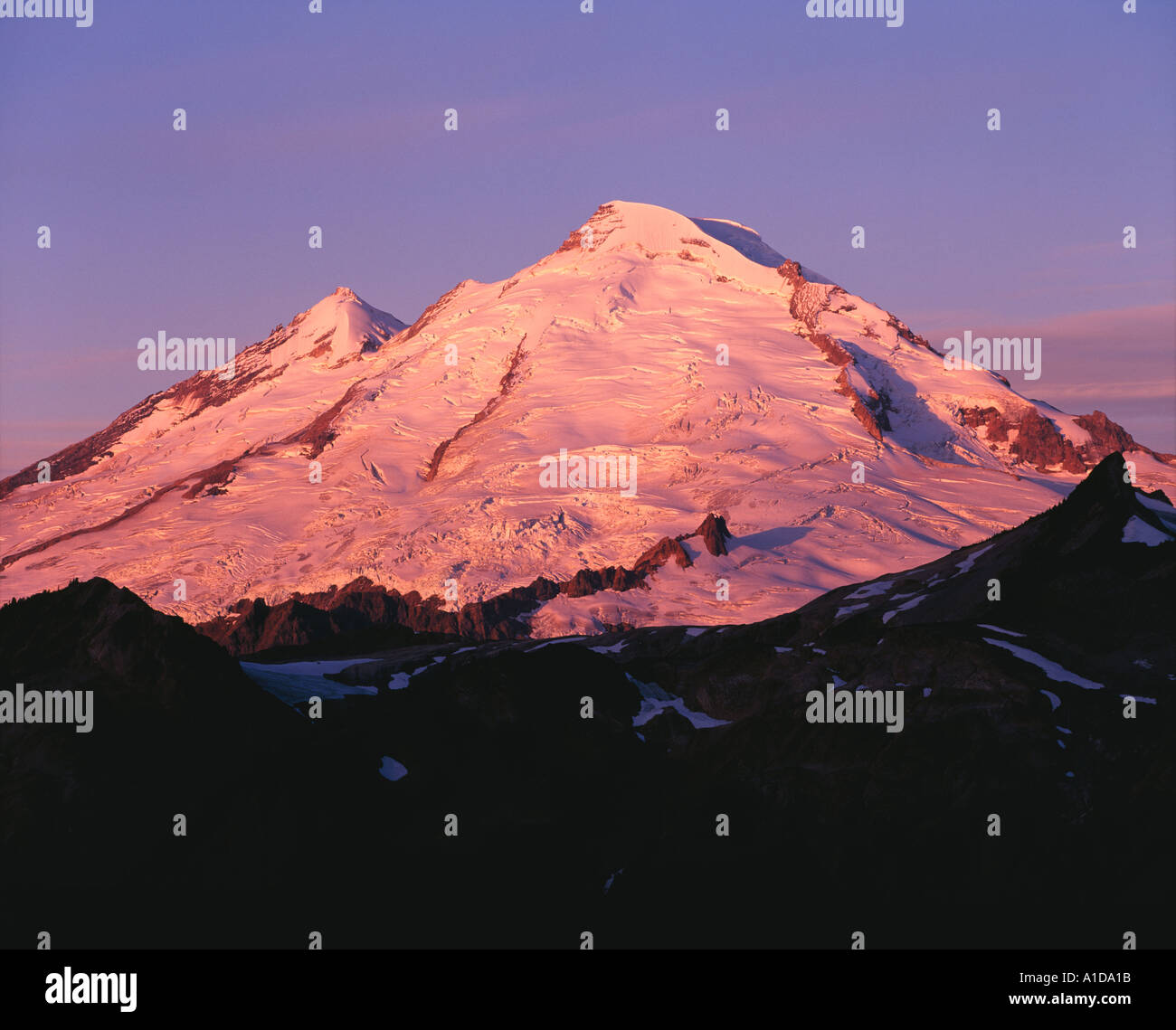 Mt Baker all alba da Artist Point su La corale Kulshan Ridge Mount Baker deserto Whatcom County Washington STATI UNITI D'AMERICA Foto Stock