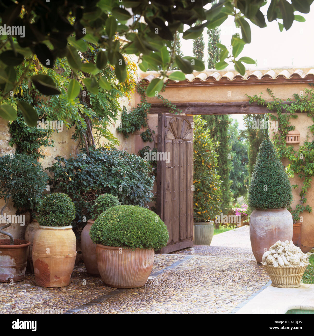 Villa Mediterranea ingresso con vasi di terracotta Foto stock - Alamy