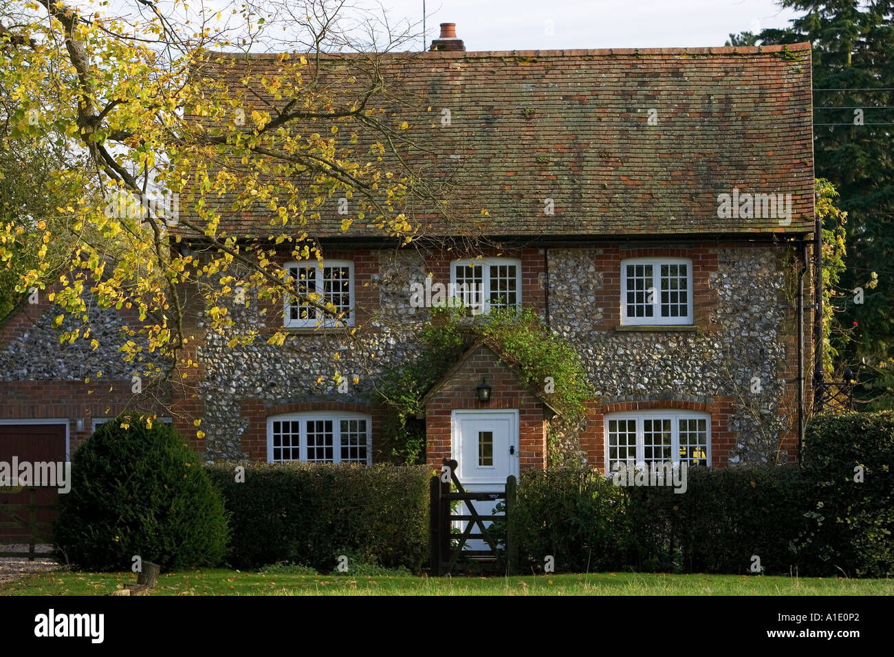 Inglese tradizionale in mattoni e pietra focaia cottage in Chilterns Oxfordshire, Regno Unito Foto Stock