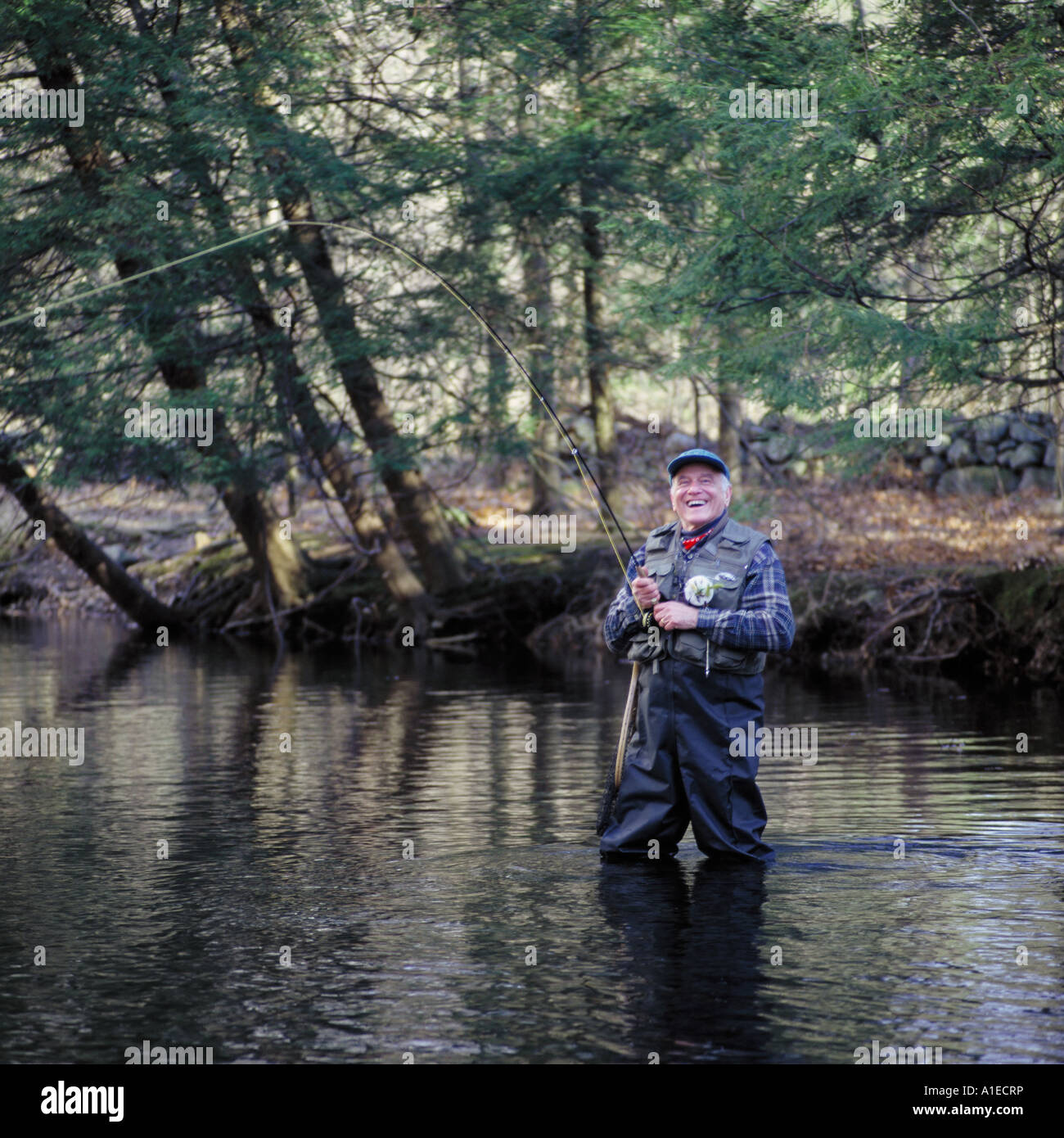 Uomo senior di pesca a mosca Foto Stock