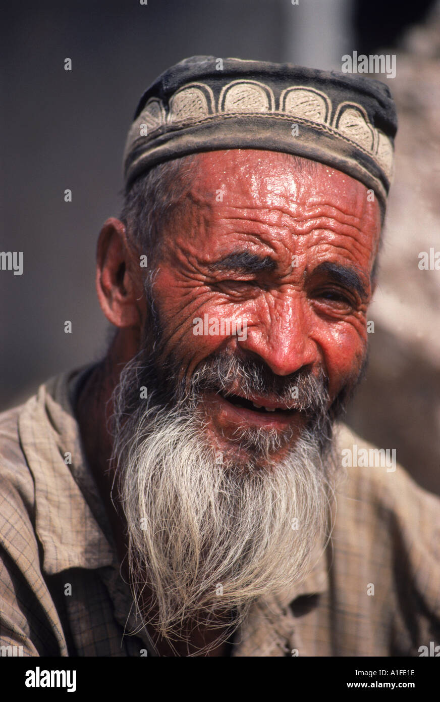 Ritratto di un vecchio uomo Uygur con la barba e cappello in feltro nel Xinjiang Cina G Corrigan Foto Stock