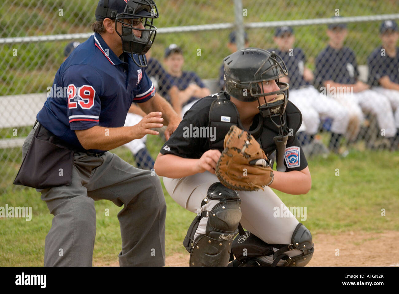 Catcher e arbitro in una Junior League Baseball gioco, Foto Stock