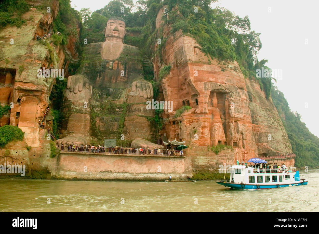 Buddha gigante, Min River, tour in barca, Leshan, Cina Foto Stock