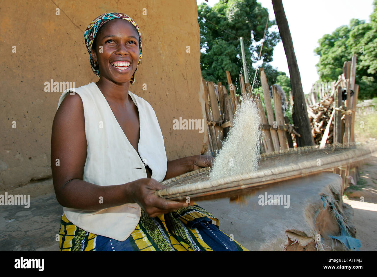Giovane donna di spulatura riso Berending villaggio a sud della Gambia Foto Stock