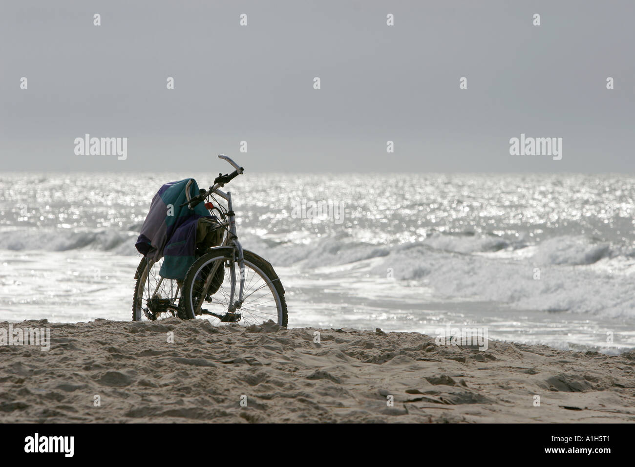Fisherman bicicletta Palma Rima beach Kololi Gambia Foto Stock