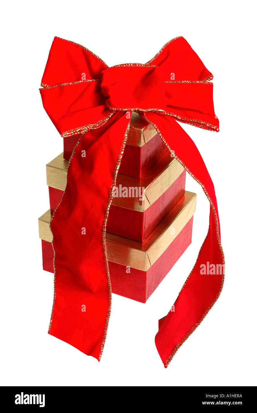 Grande arco sulla parte superiore della pila di regali di Natale Foto Stock