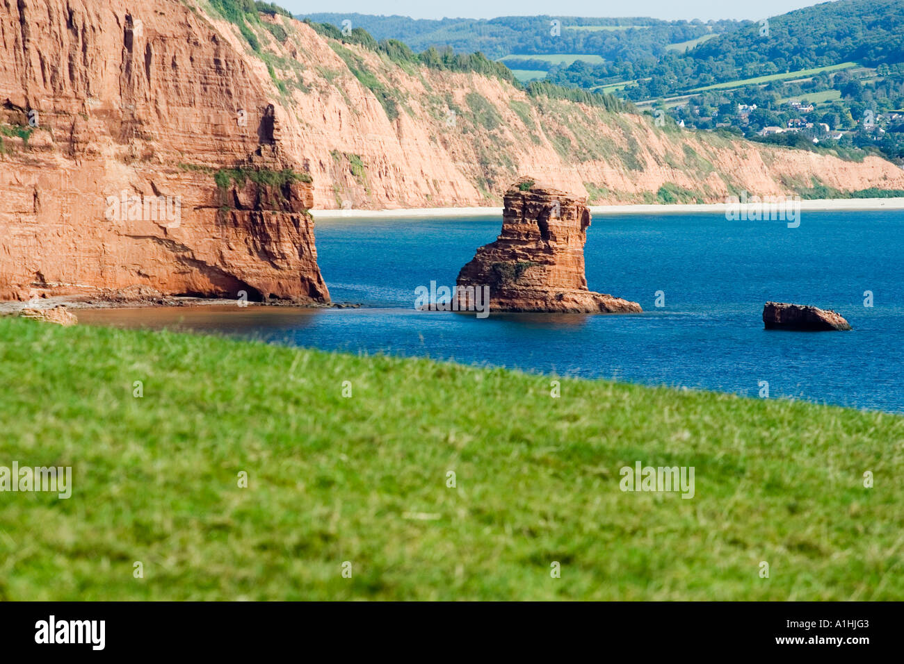 Ladram Bay Devon England Regno Unito mare pile Foto Stock