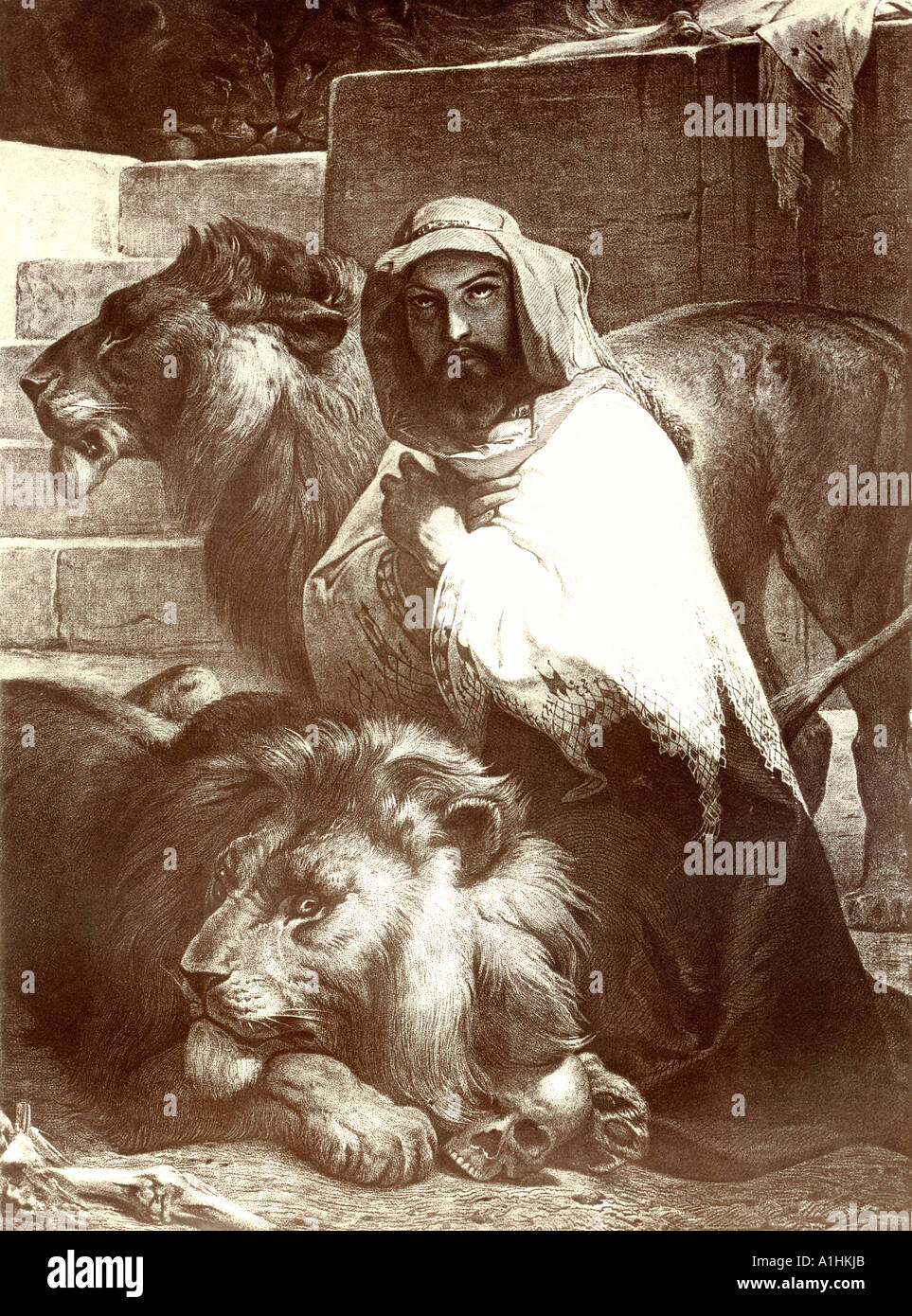 Daniele nella fossa dei leoni da un'edizione di Giovanni Browns Self interpretare la Bibbia pubblicata per la prima volta nel 1778 Foto Stock