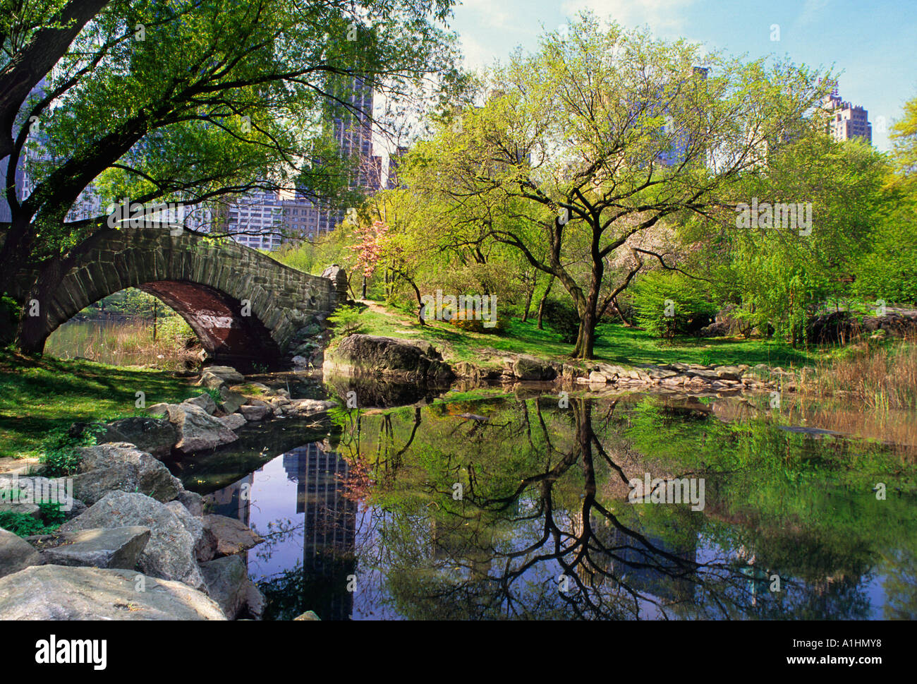 New York Central Park Gapstow Bridge all'inizio della primavera a Manhattan. La riserva naturale di Hallett. Panorama di Central Park Conservancy. STATI UNITI Foto Stock